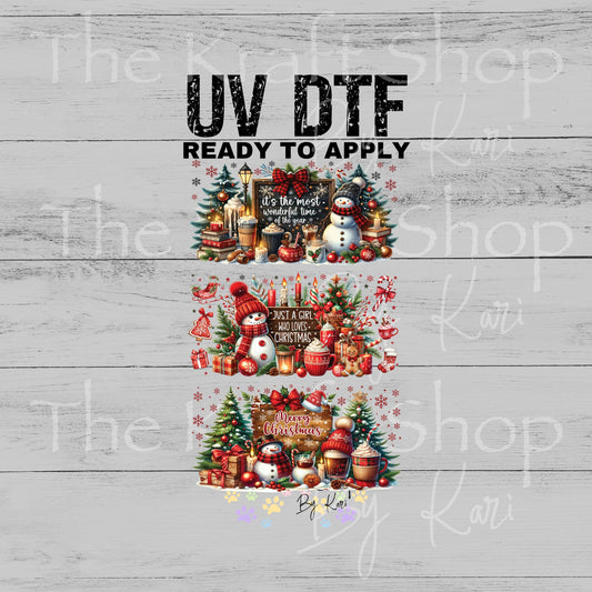 UV DTF Sticker print. Red snowman It's the most wonderful time of the year Christmas 3pk Wrap decal Glass can wrap. #7569