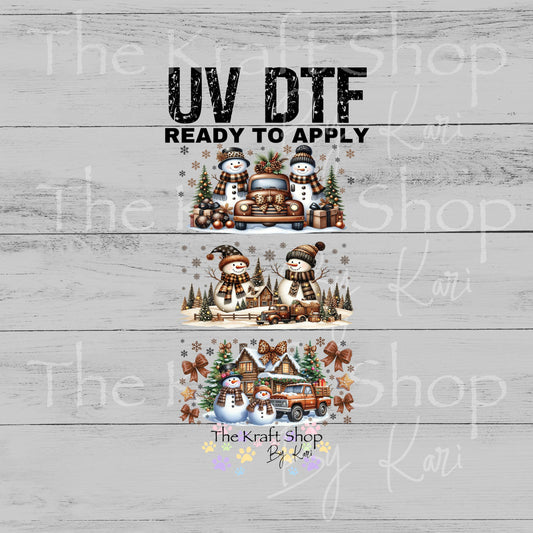 UV DTF Sticker print. Gold brown snowman truck Christmas 3pk Wrap decal Glass can wrap. #7571