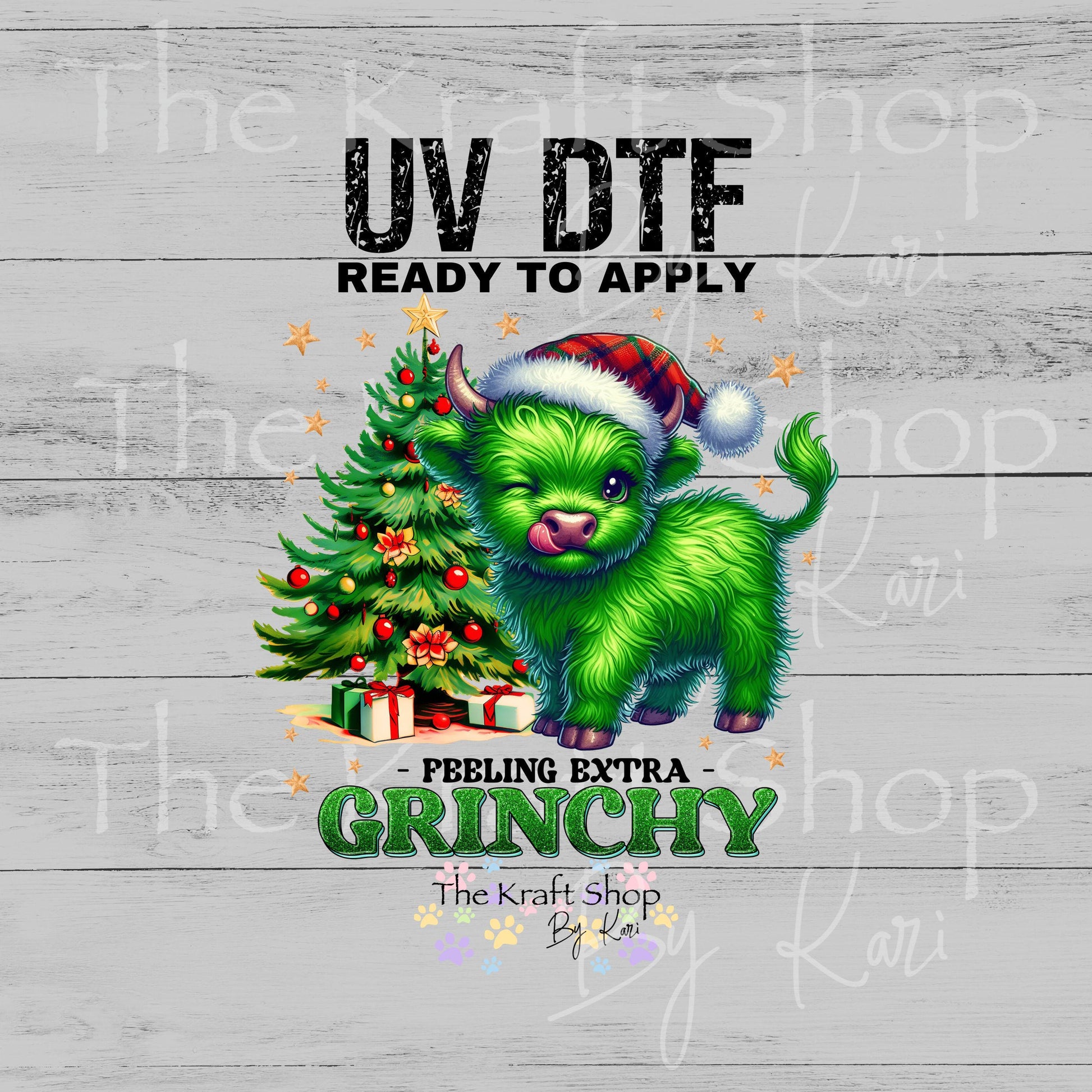 UV DTF Sticker prints. Feeling extra green cow Christmas Highland cow decal highland cow with bow #7575
