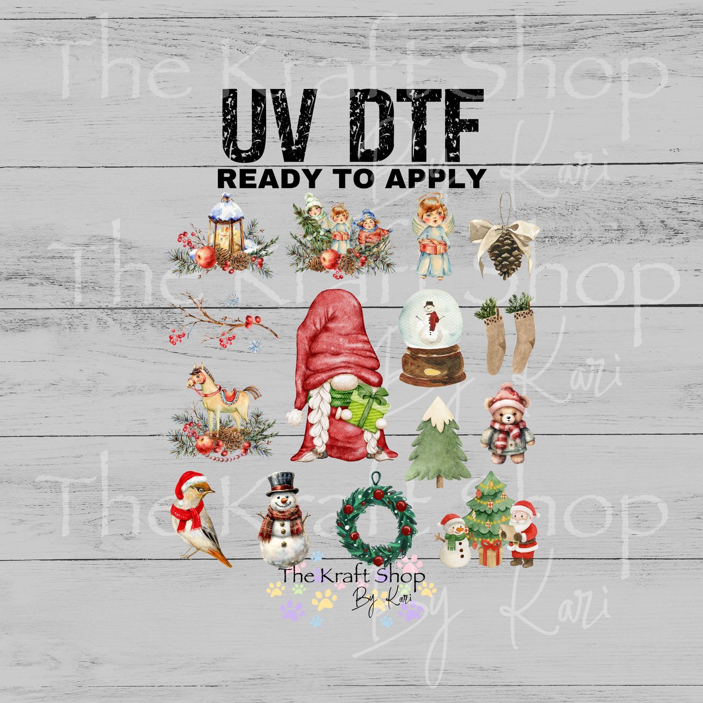 UV DTF Sticker print Old Fashioned Gnome Christmas mixed media Element sheet 8x8 decal #7530