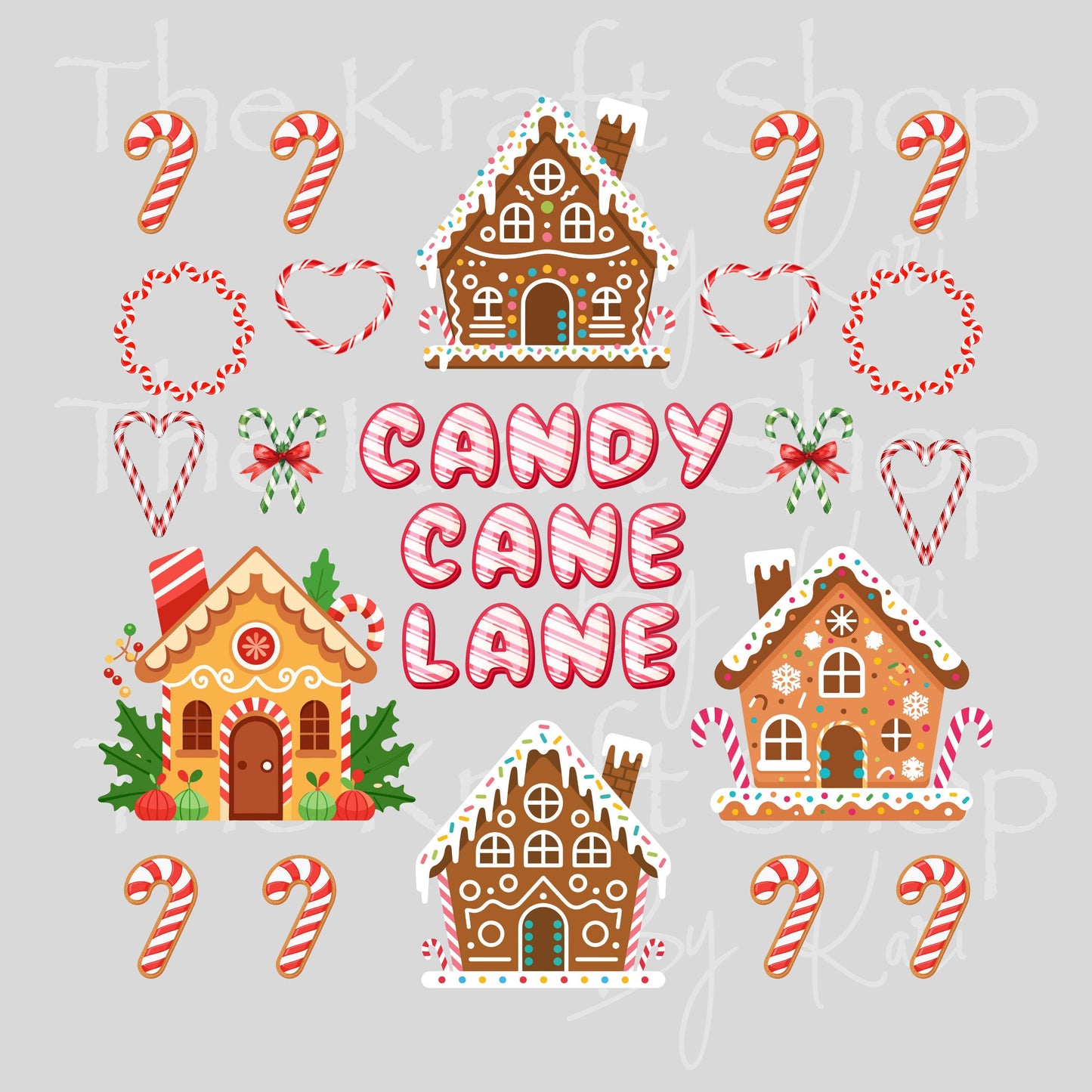 UV DTF Sticker print Candy Cane Lane Gingerbread houses and candy canes Christmas mixed media Element sheet 8x8 decal #7531