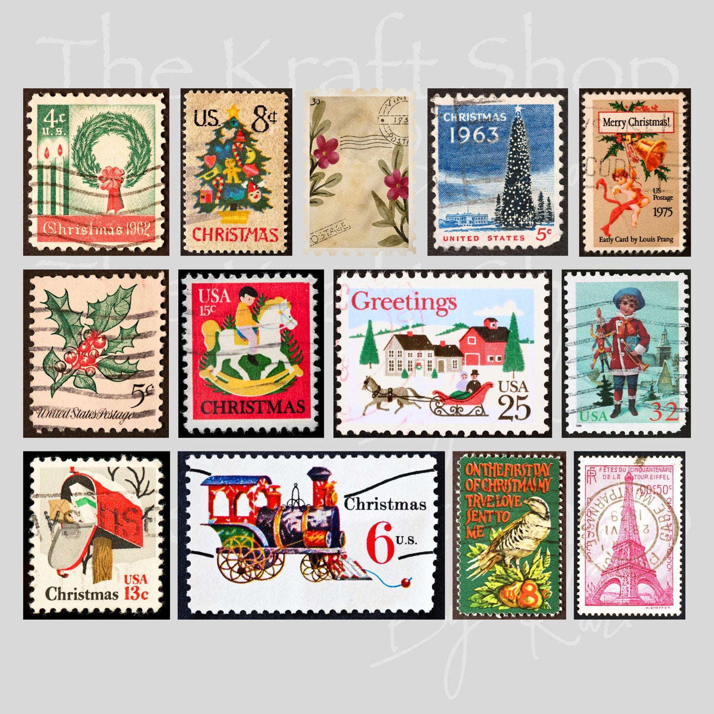 UV DTF Sticker print Vintage Christmas stamps mixed media Element sheet 8x6 decal #7532