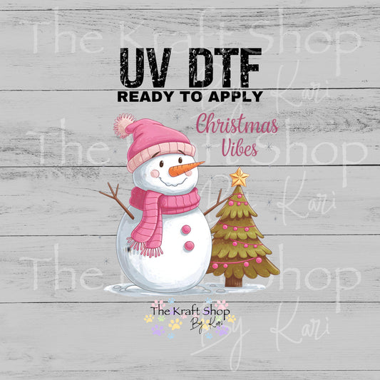 UV DTF Sticker print Christmas vibes snowman with pink scarf and hat decal #7540