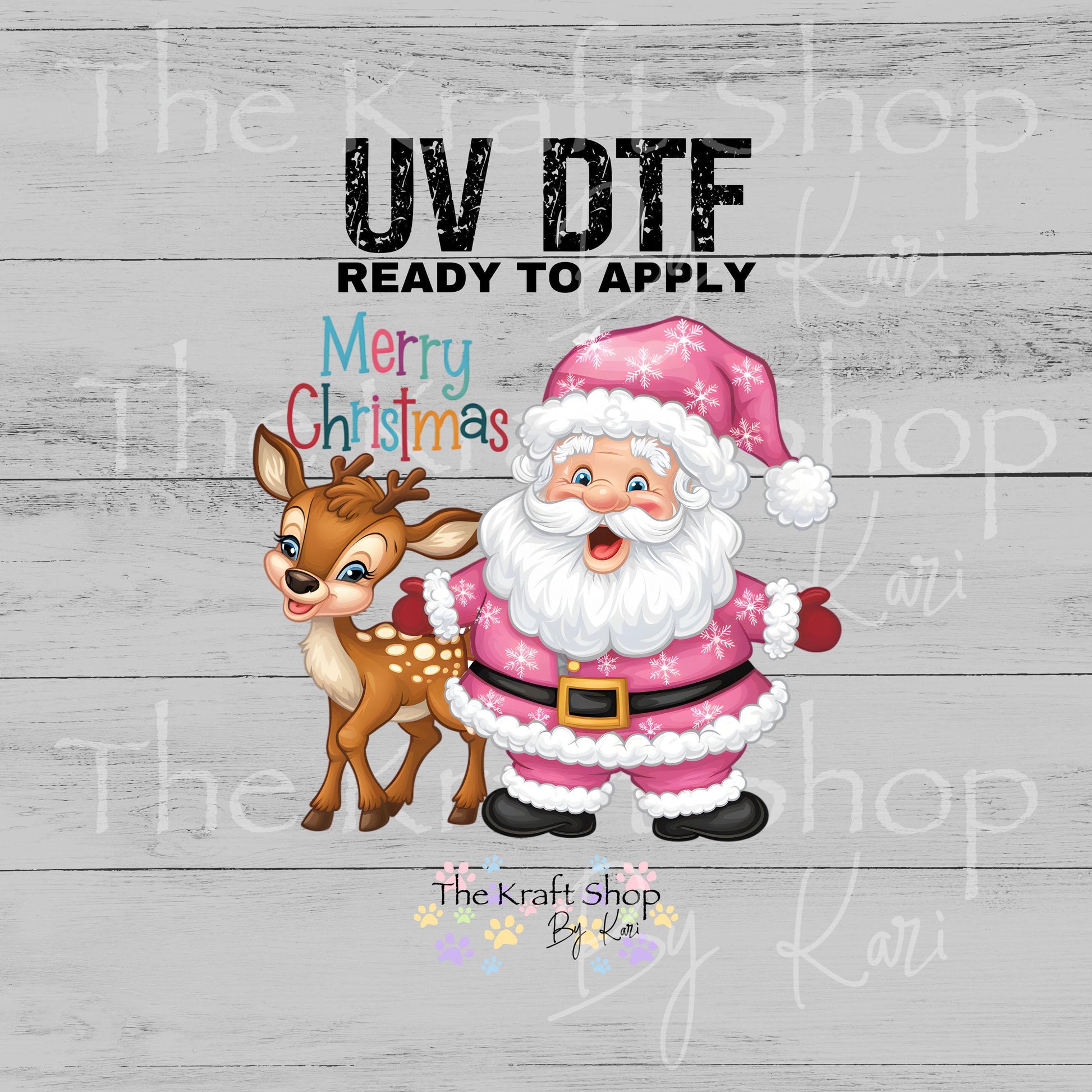 UV DTF Sticker print Pink Santa Merry Christmas and reindeer cute decal #7541