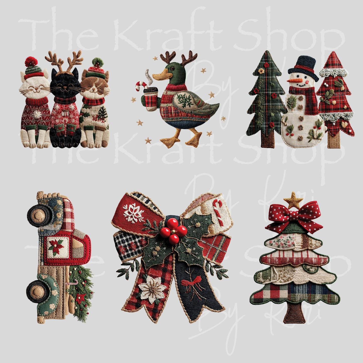 UV DTF Sticker prints. Patchwork bow reindeer gingerbread Christmas decals 3 pk, permanent sticker.#7543