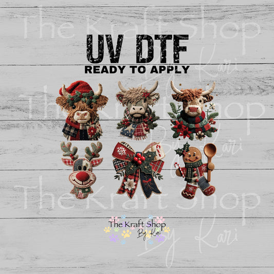UV DTF Sticker prints. Patchwork bow reindeer gingerbread Christmas decals 3 pk, permanent sticker.#7543