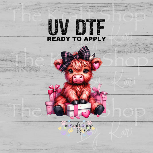 UV DTF Sticker print Valentines Cow with pink black bow Valentine's Day decal #7580