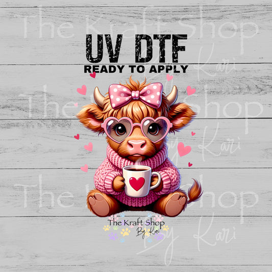 UV DTF Sticker print Pink Valentines Day Highland Cow with pink bow Valentine's Day decal #7582