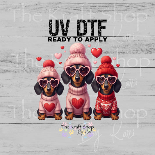 UV DTF Sticker print Valentine's Day dog trio with beanies decal #7585