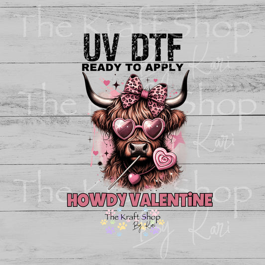UV DTF Sticker print Howdy Valentine cow with sunglasses Valentine's Day decal #7590