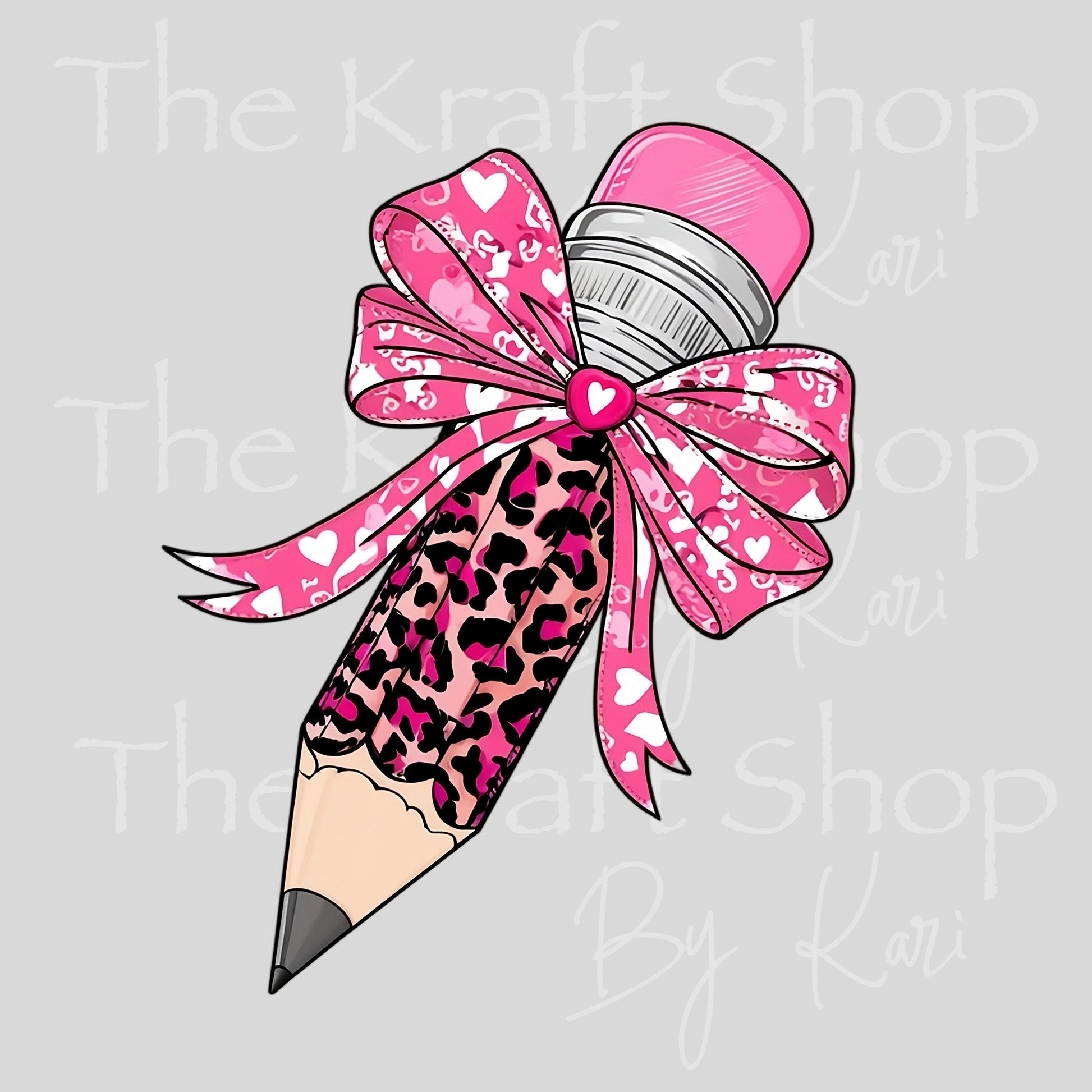 UV DTF Sticker print Leopard pink bow pencil teacher Valentine's Day decal #7596