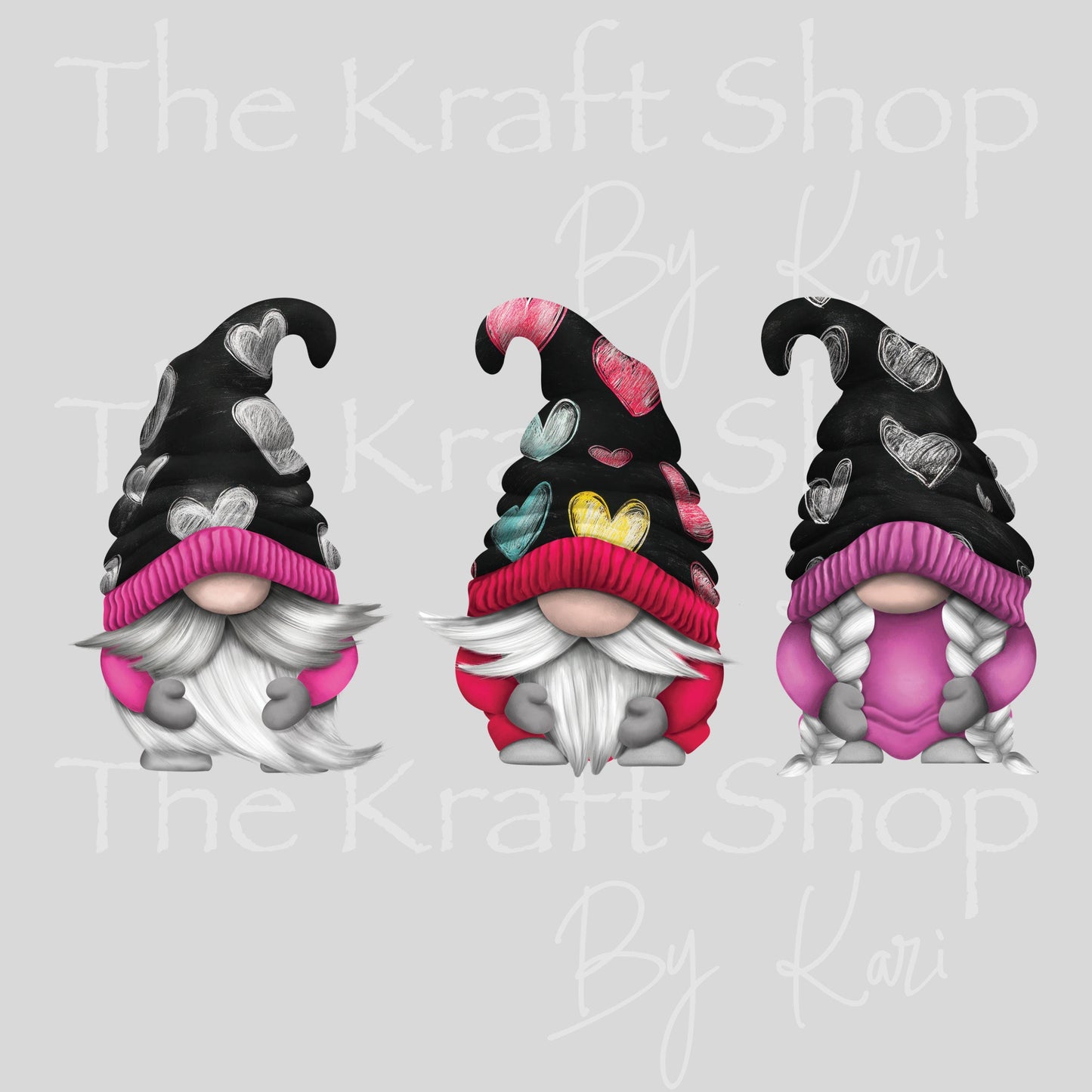 UV DTF Sticker prints. Grey pink black Gnomes Valentines decals 3 pk, permanent sticker.#7604