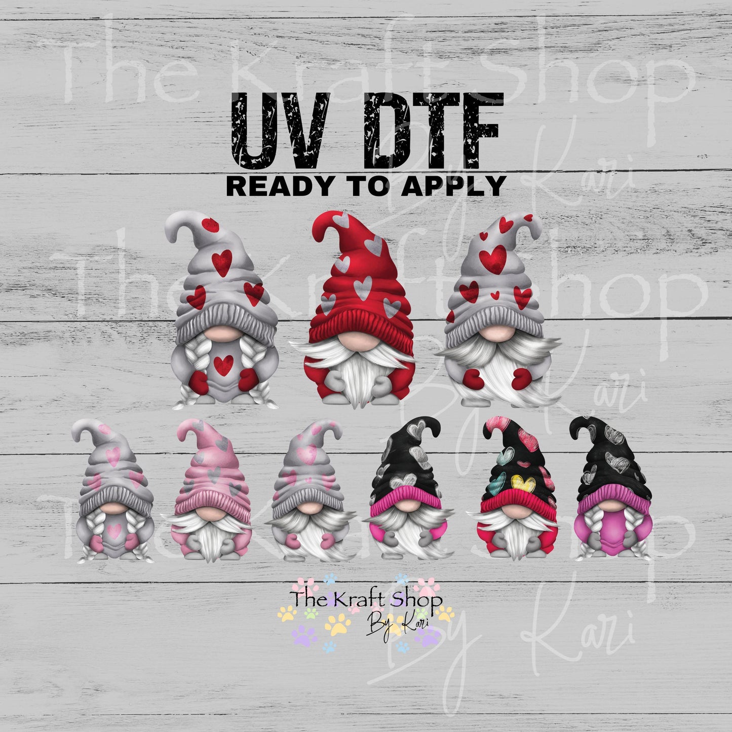 UV DTF Sticker prints. Grey pink black Gnomes Valentines decals 3 pk, permanent sticker.#7604