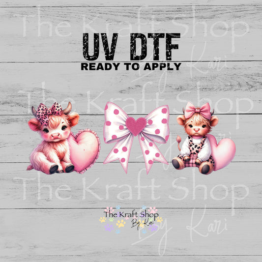 UV DTF Sticker prints. Pink Valentines Cows and Bow Valentine's Day decals 3 pk, permanent sticker.#7606