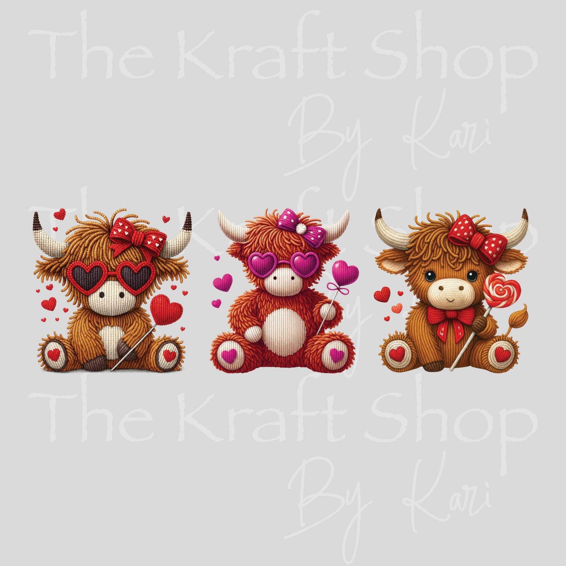 UV DTF Sticker prints. Yarn Highland cow Valentine's Day decals 3 pk, permanent sticker.#7606