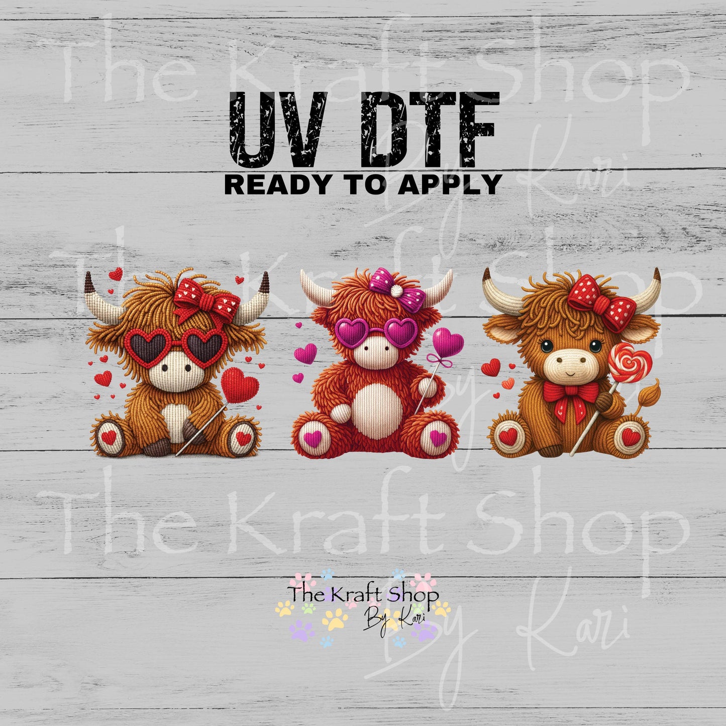 UV DTF Sticker prints. Yarn Highland cow Valentine's Day decals 3 pk, permanent sticker.#7606