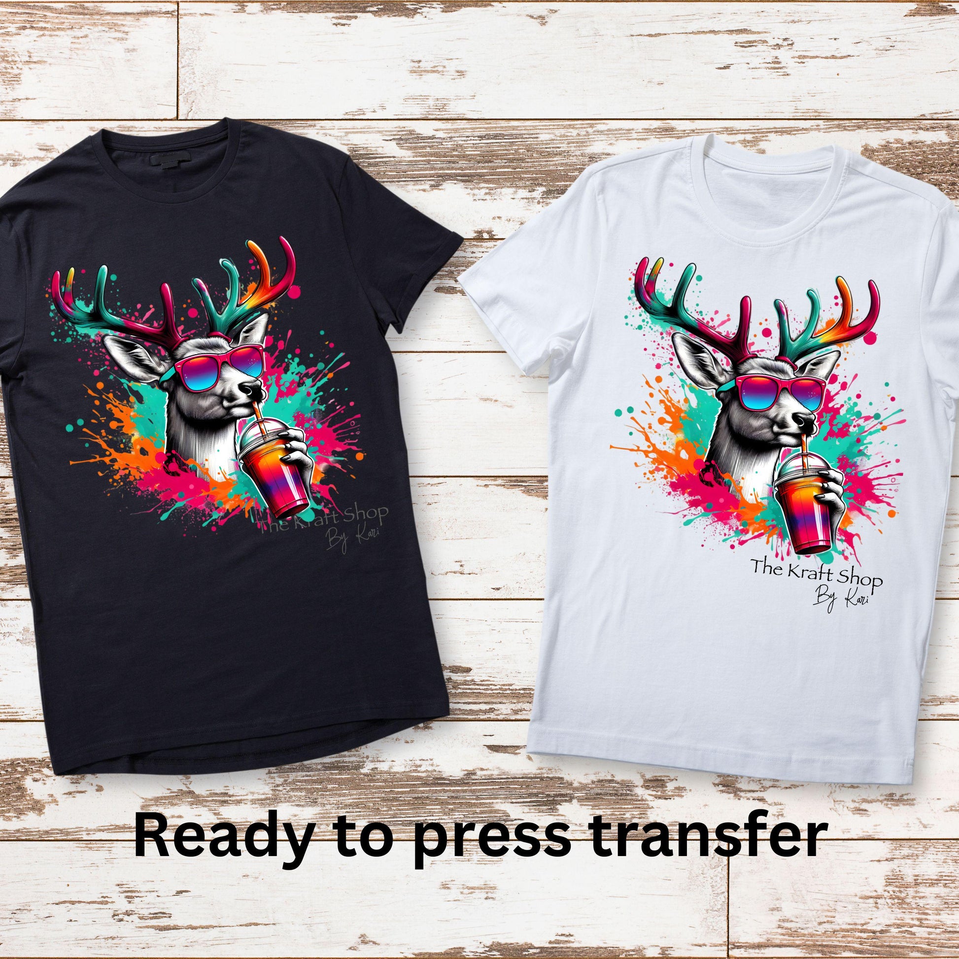 DTF ready to press transfer. Paint Splatter Deer drinking from a cup Bright colors image . Direct to film heat press transfer #11589
