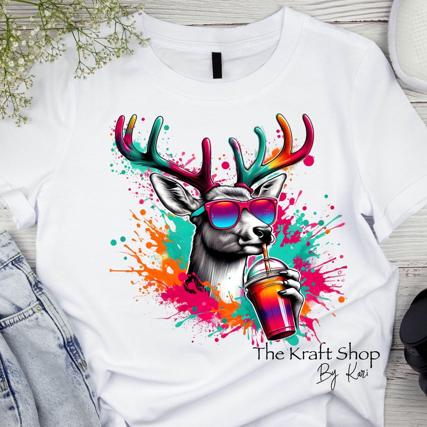 DTF ready to press transfer. Paint Splatter Deer drinking from a cup Bright colors image . Direct to film heat press transfer #11589
