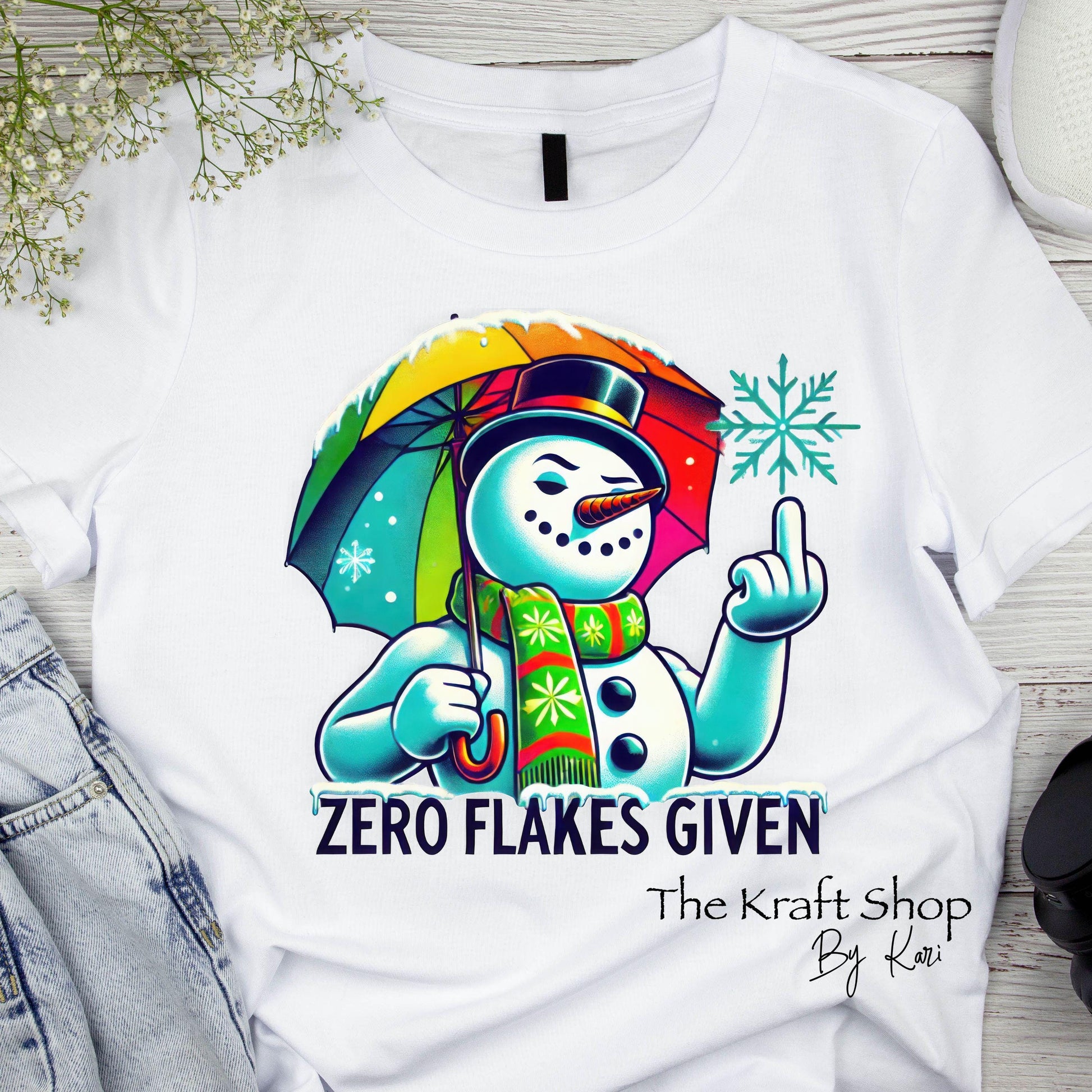 DTF ready to press transfer. Zero Flakes Given sarcastic snowman image . Direct to film heat press transfer #11592