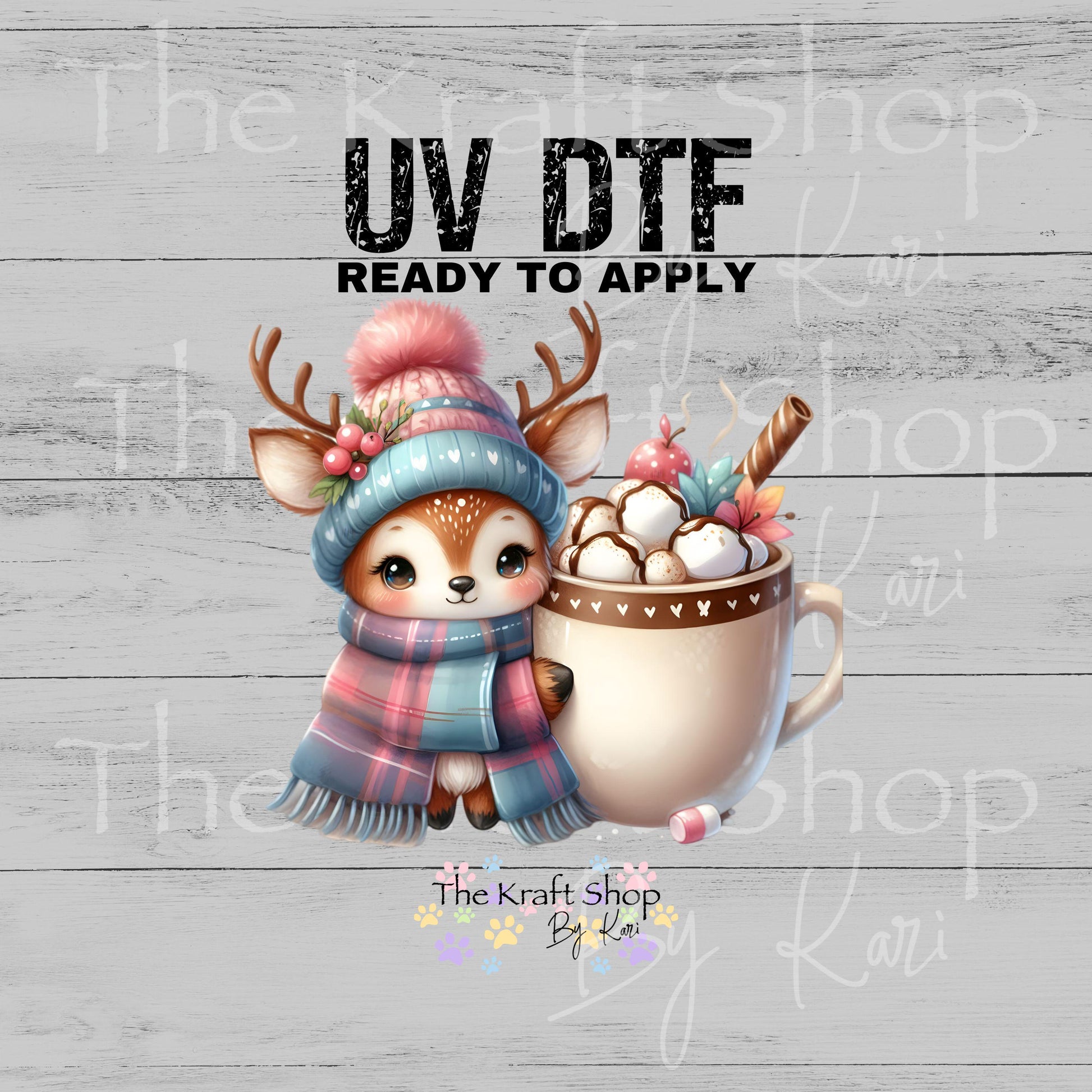 UV DTF Sticker prints. Hot Cocoa Cute reindeer decal, permanent sticker. #7553