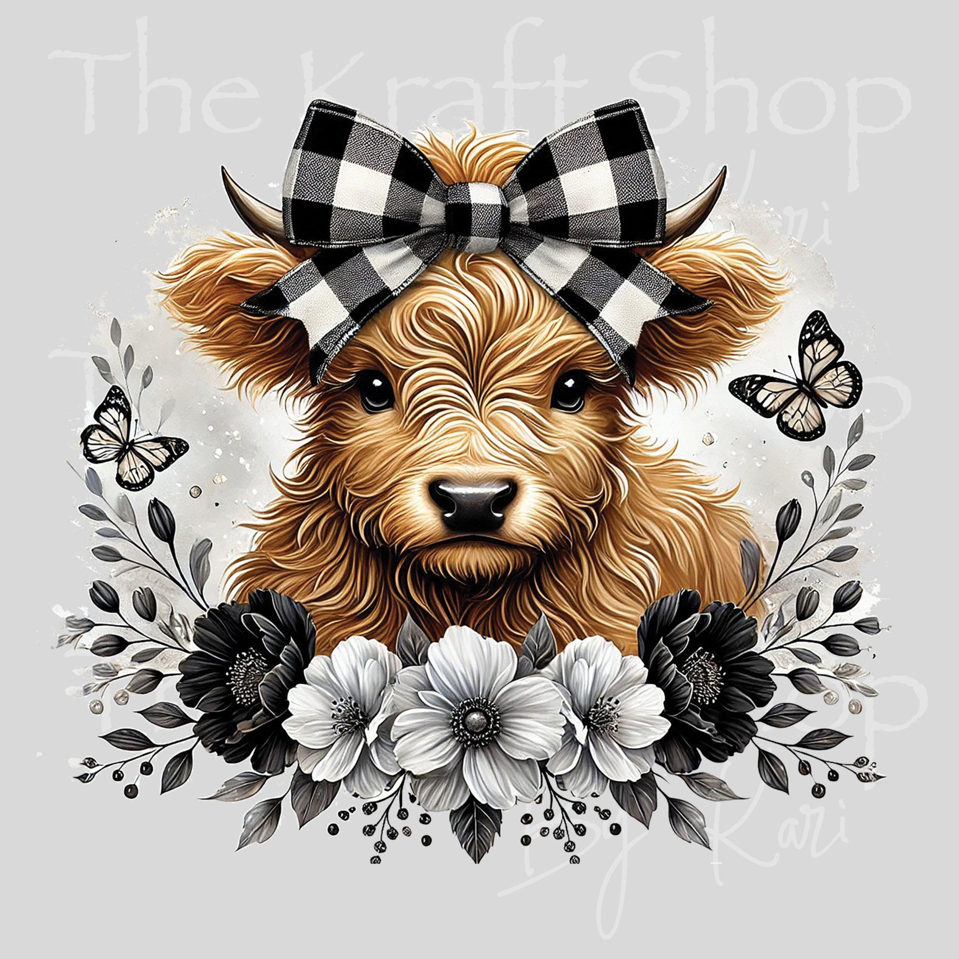 UV DTF Sticker prints. Black white highland cow buffalo check decal, permanent sticker. #7554