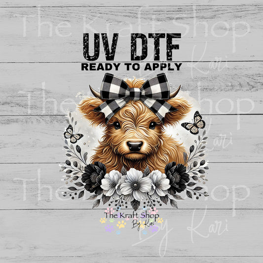 UV DTF Sticker prints. Black white highland cow buffalo check decal, permanent sticker. #7554