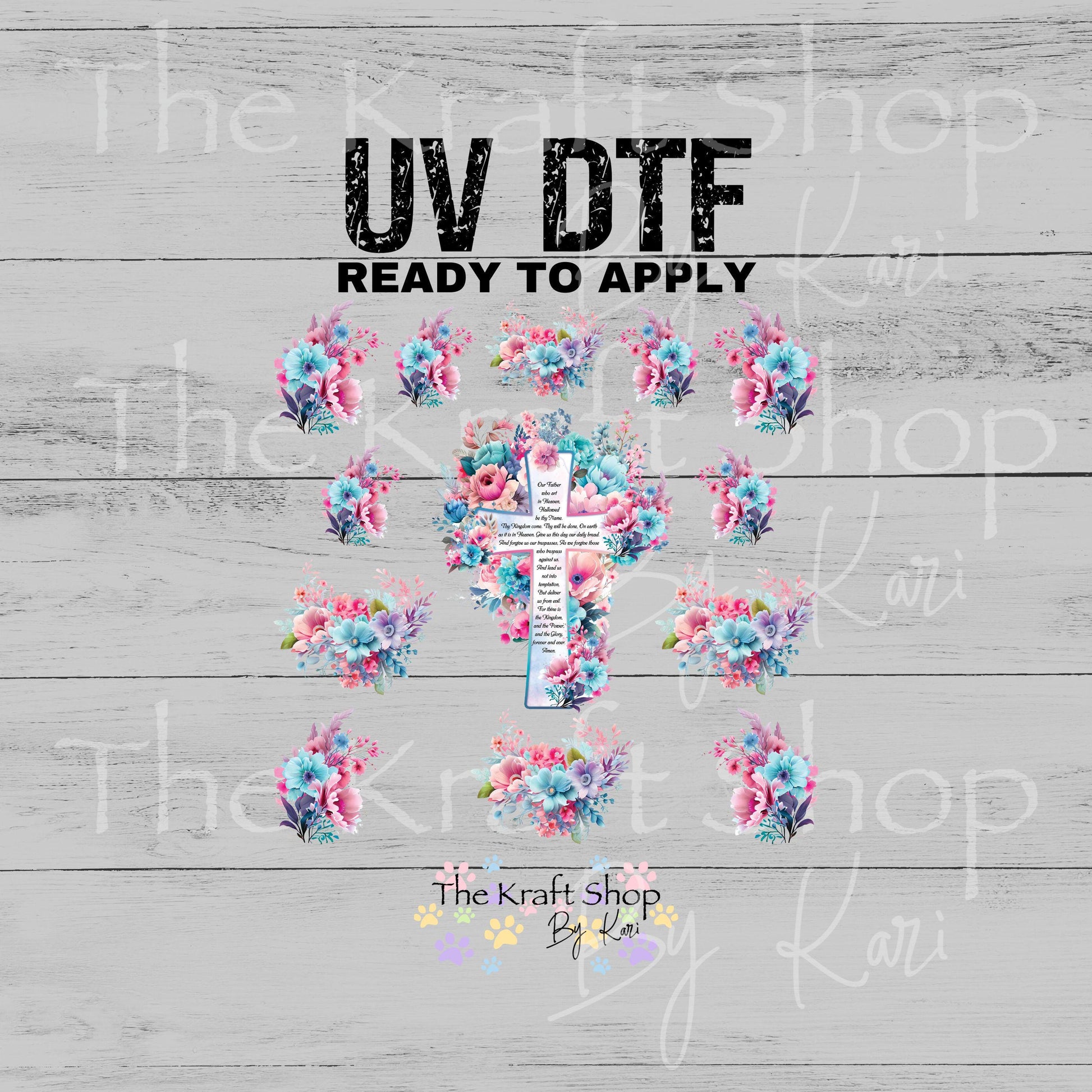 UV DTF Sticker print Our Father prayer and flowers Element sheet 8x8 decal, tumbler decal, permanent sticker. #7558