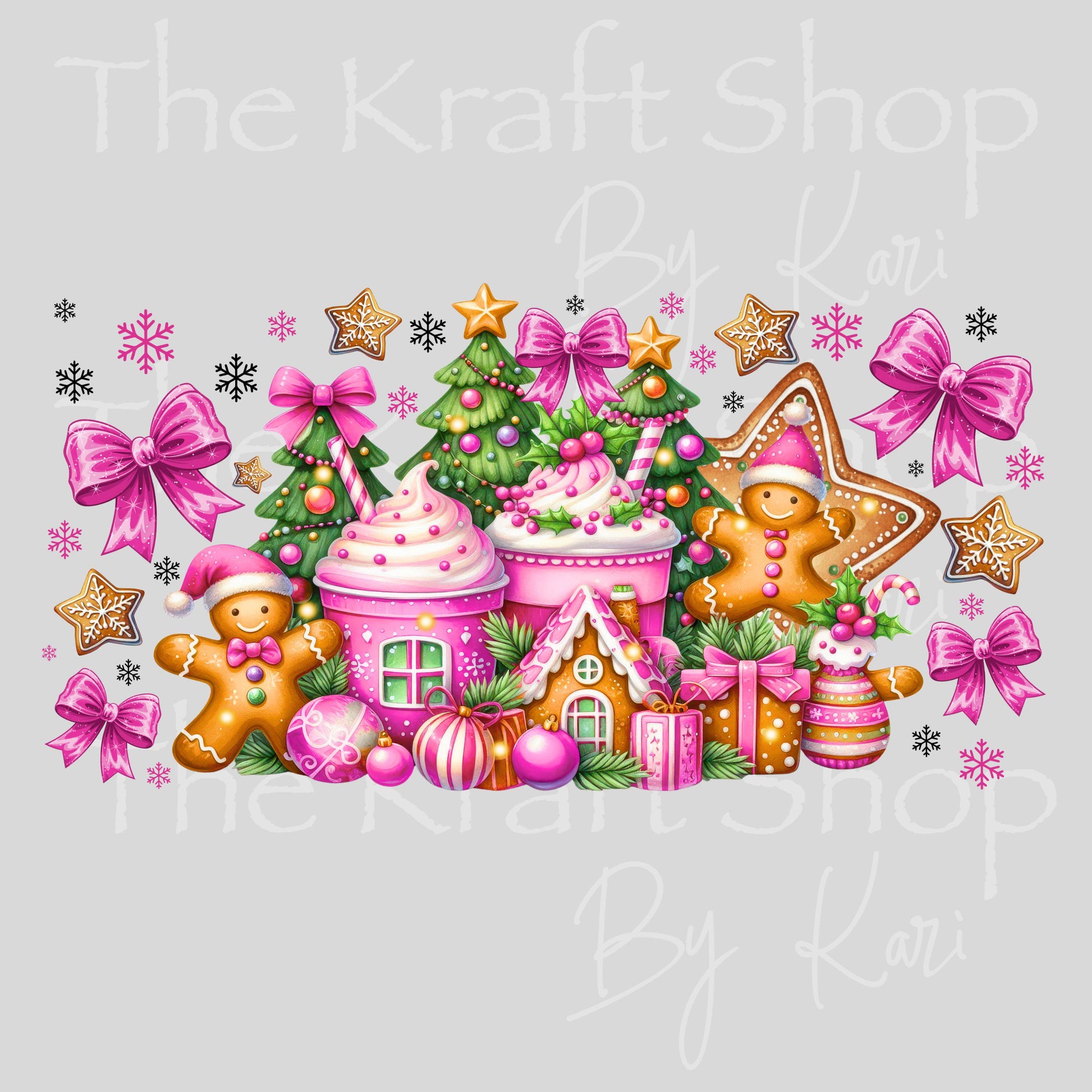 UV DTF Sticker print. Pink Gingerbread Christmas Wrap decal Glass can wrap. #7559