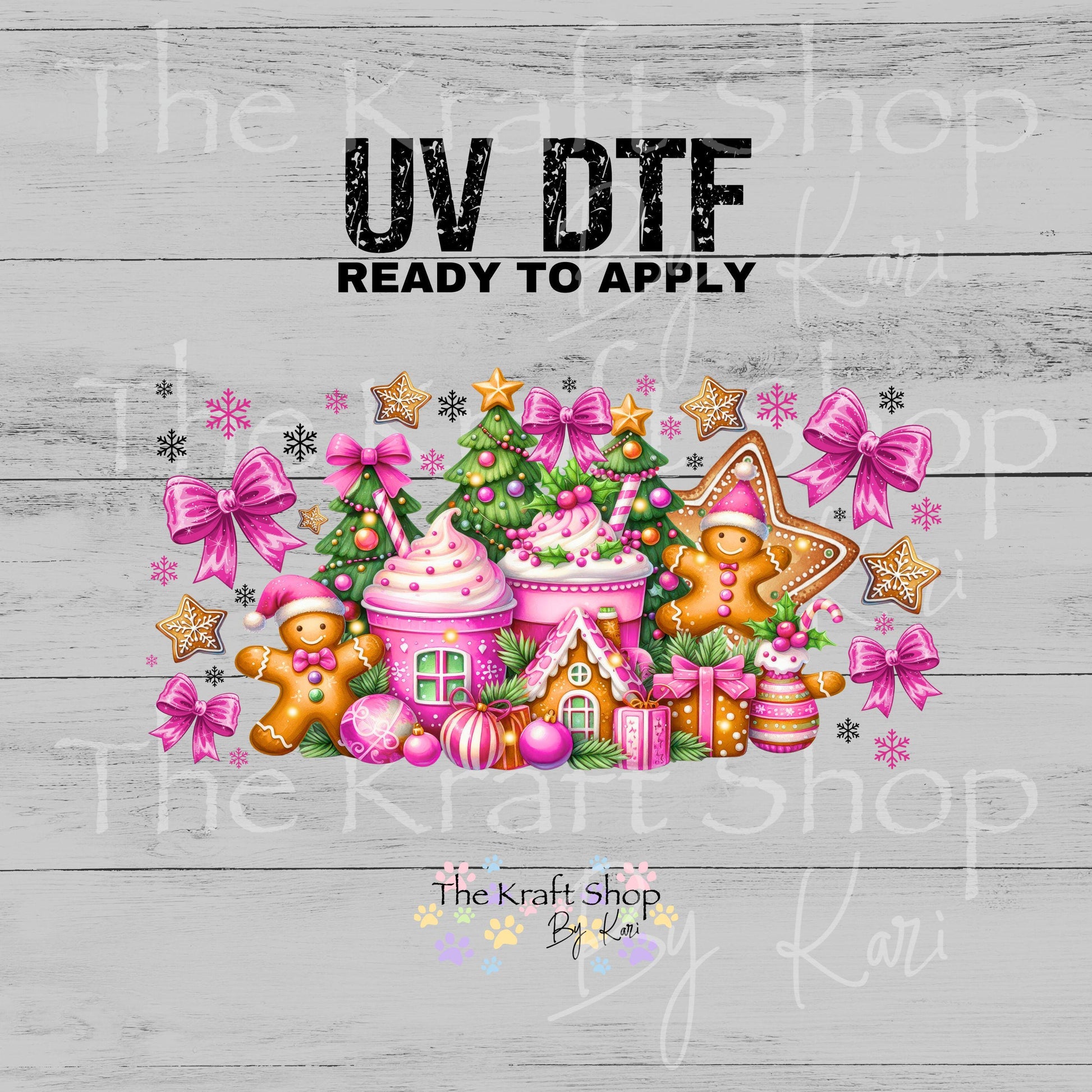 UV DTF Sticker print. Pink Gingerbread Christmas Wrap decal Glass can wrap. #7559