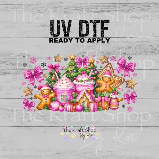 UV DTF Sticker print. Pink Gingerbread Christmas Wrap decal Glass can wrap. #7559