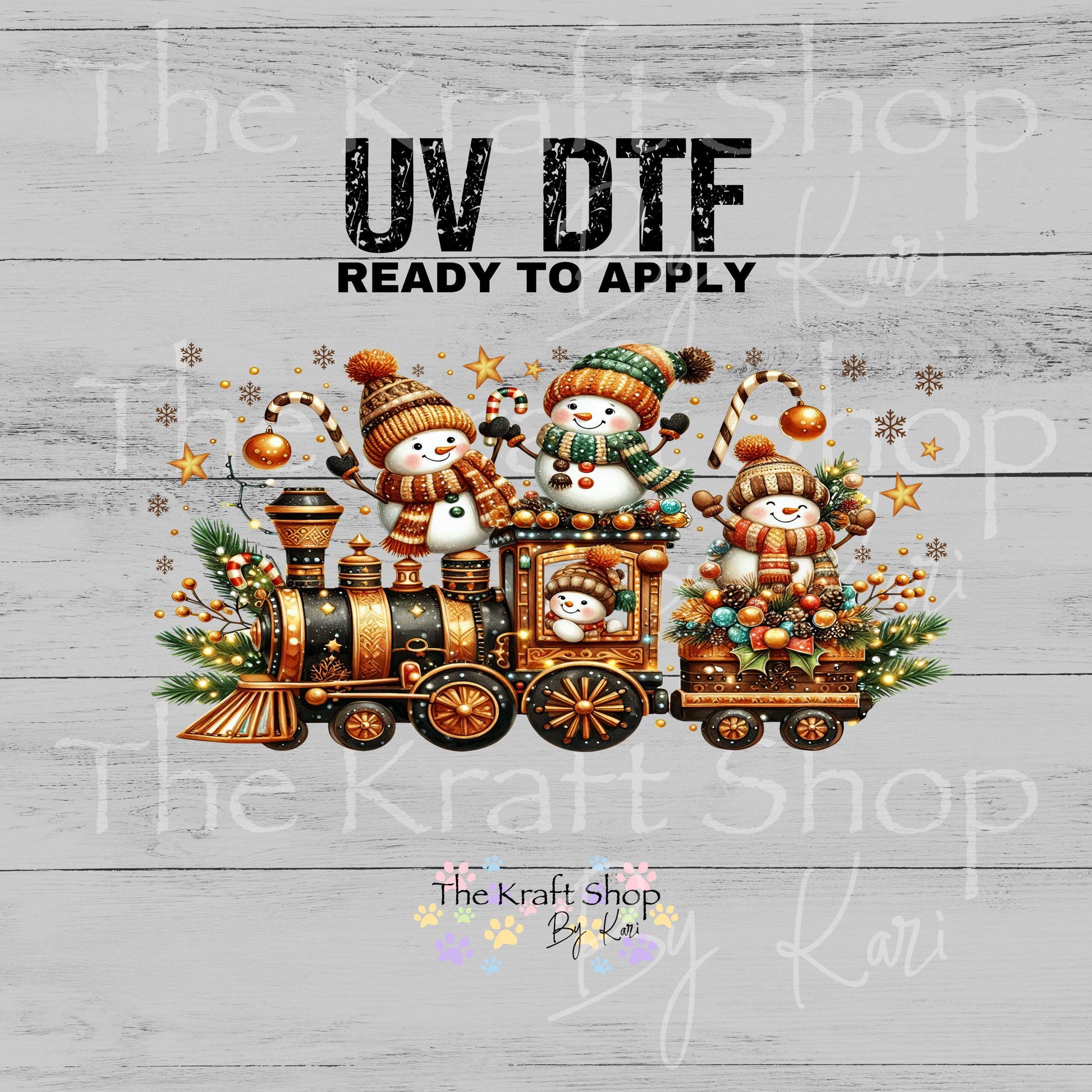 UV DTF Sticker print. Gold snowman train Christmas Wrap decal Glass can wrap. #7562