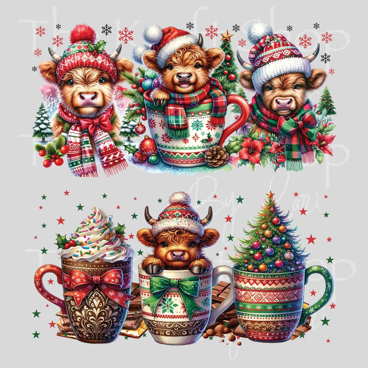 UV DTF Sticker print. Trio Christmas mug cows 2pk Wrap decal Glass can wrap. #7564
