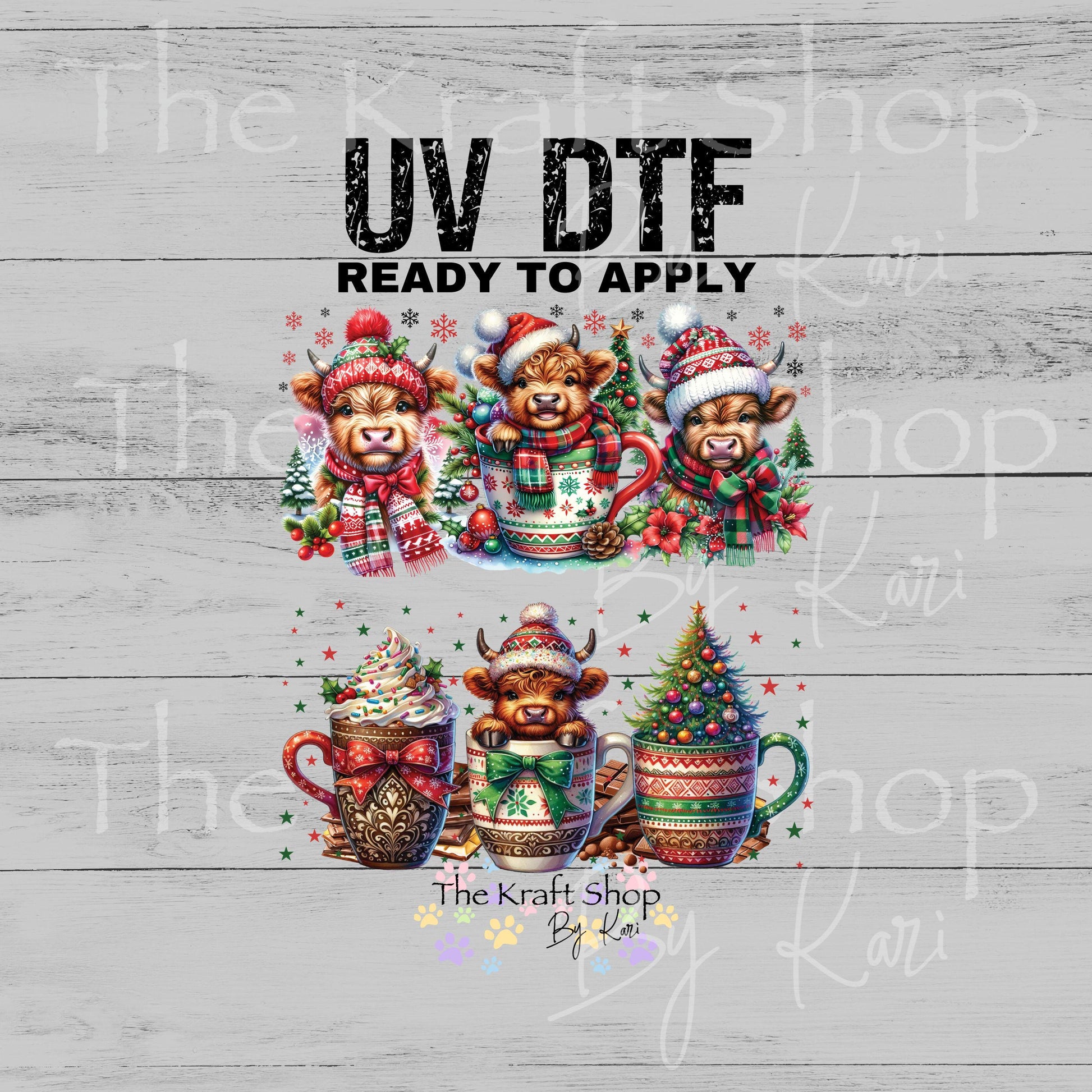 UV DTF Sticker print. Trio Christmas mug cows 2pk Wrap decal Glass can wrap. #7564