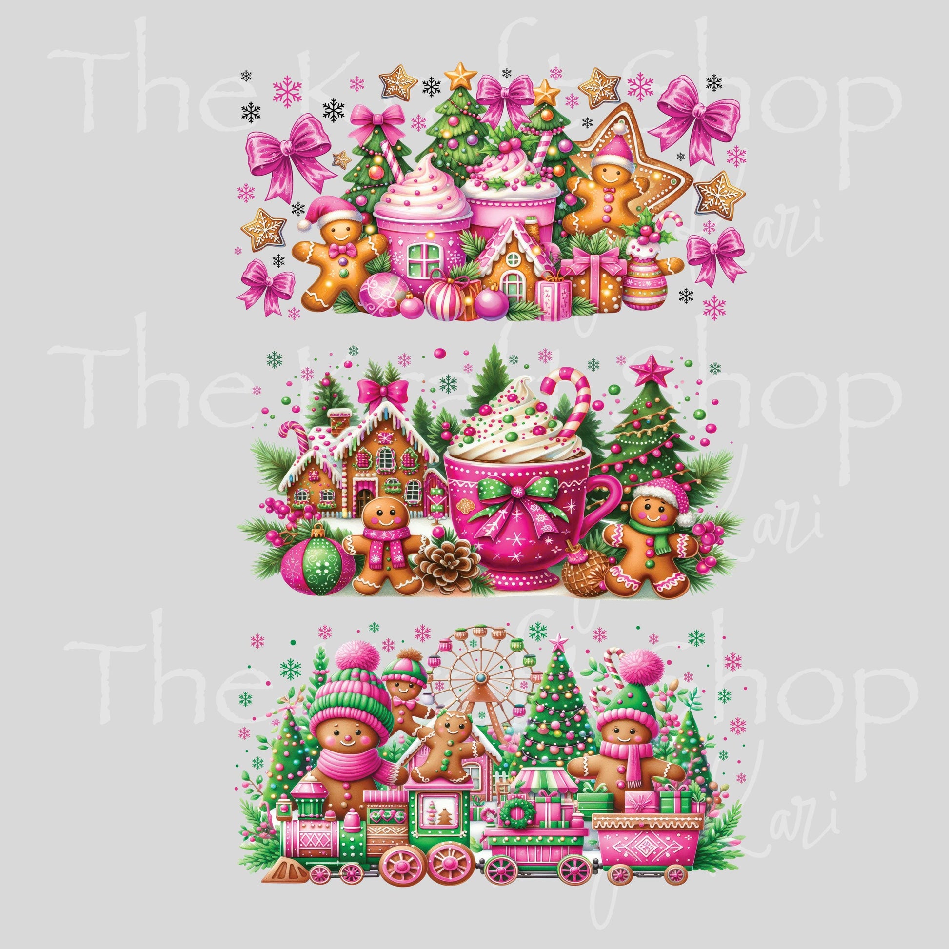 UV DTF Sticker print. Pink gingerbread coffee cups Christmas 3pk Wrap decal Glass can wrap. #7567