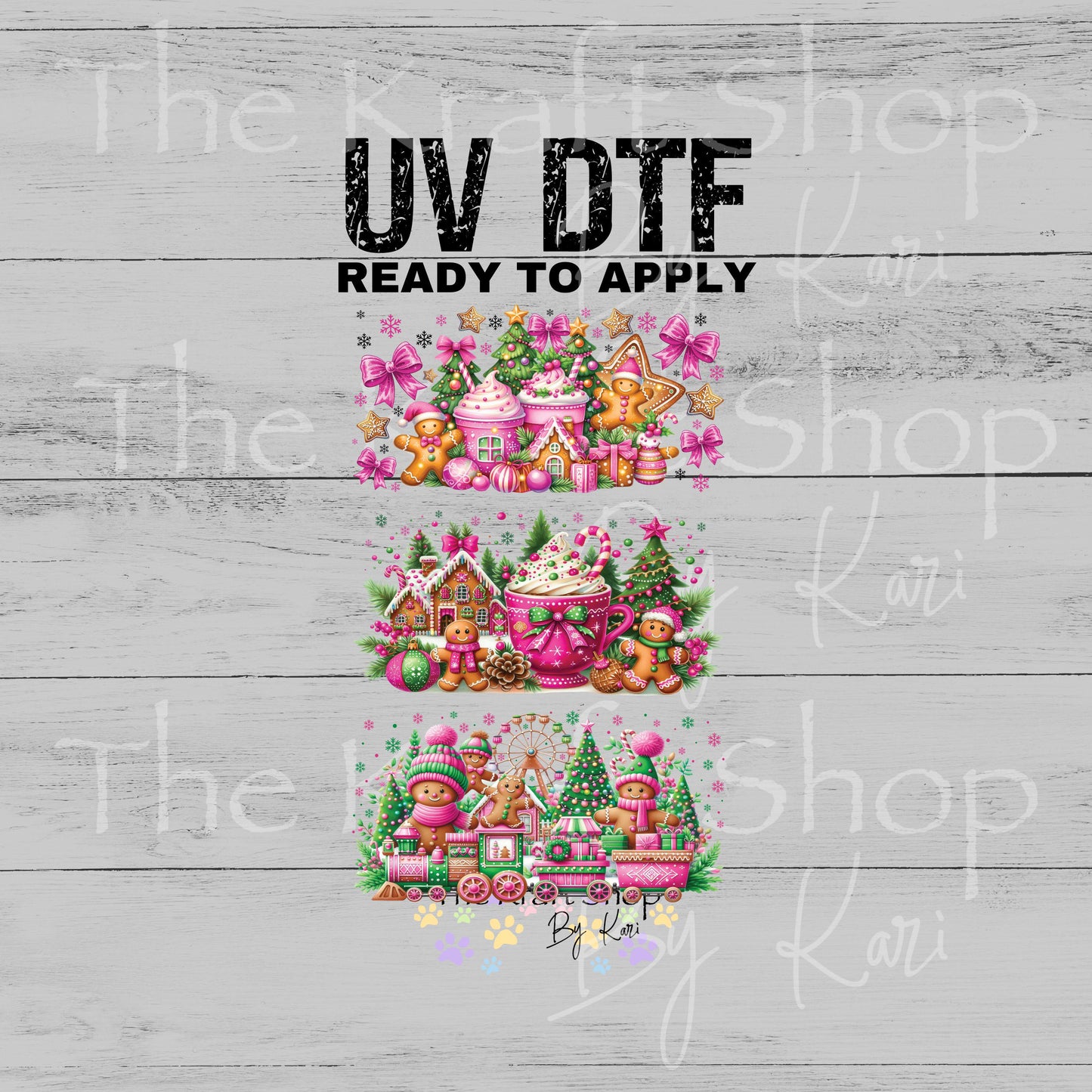 UV DTF Sticker print. Pink gingerbread coffee cups Christmas 3pk Wrap decal Glass can wrap. #7567