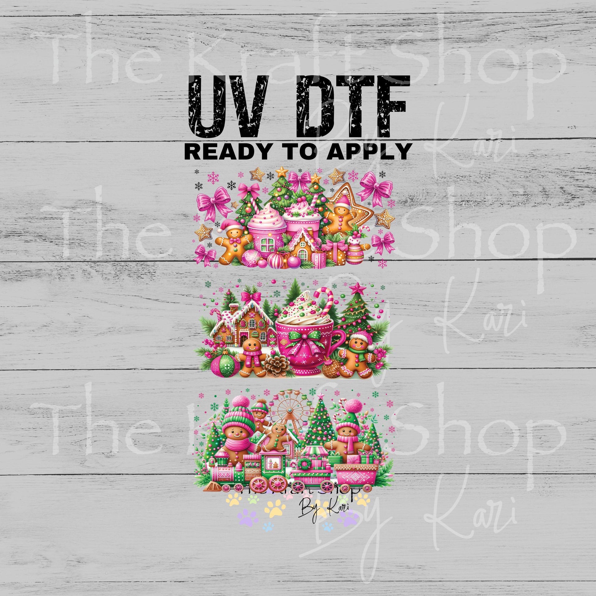 UV DTF Sticker print. Pink gingerbread coffee cups Christmas 3pk Wrap decal Glass can wrap. #7567