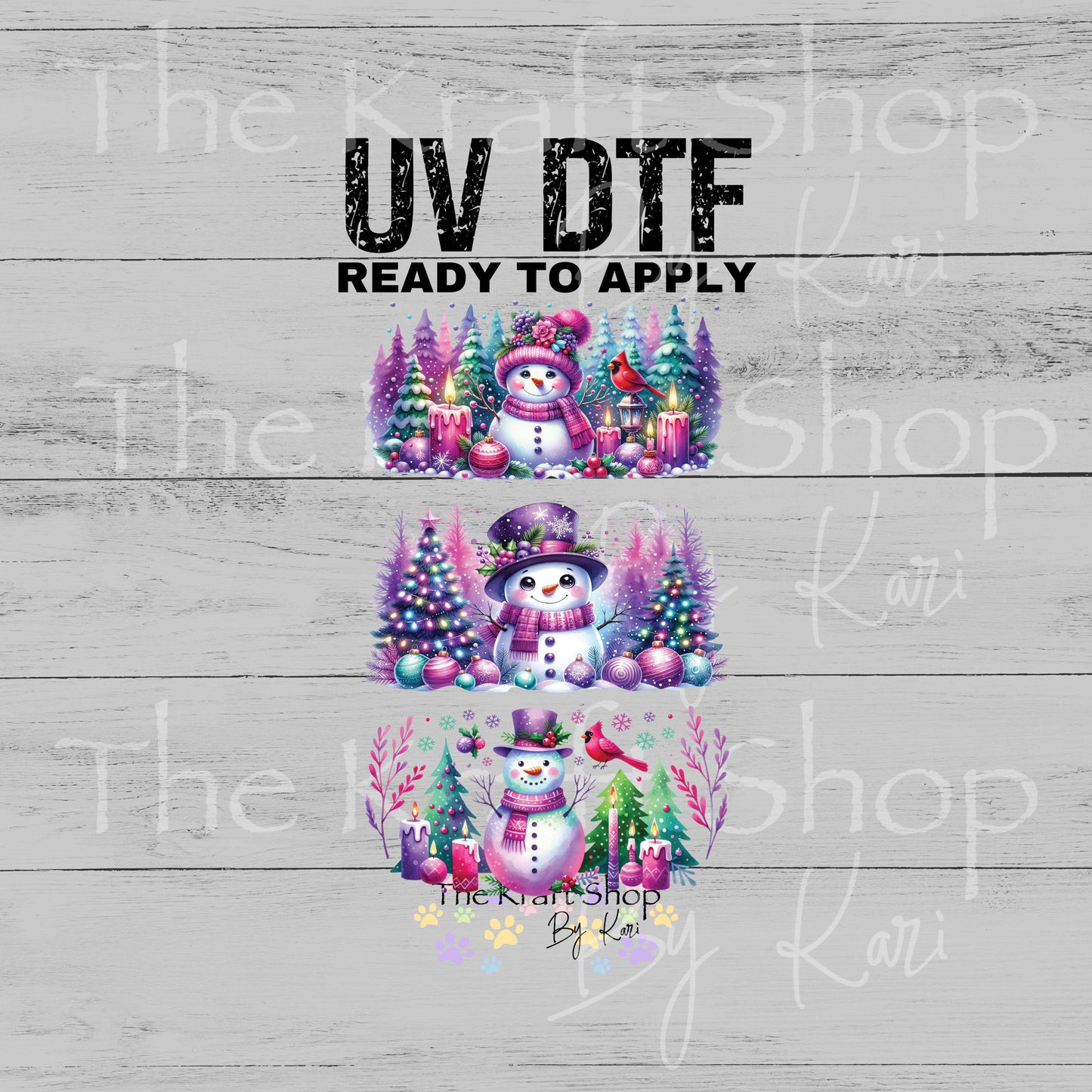 UV DTF Sticker print. Pink purple snowman Christmas 3pk Wrap decal Glass can wrap. #7568