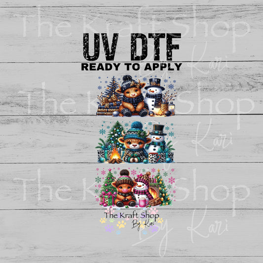 UV DTF Sticker print. Blue tan leopard Cow Christmas 3pk Wrap decal Glass can wrap. #7570