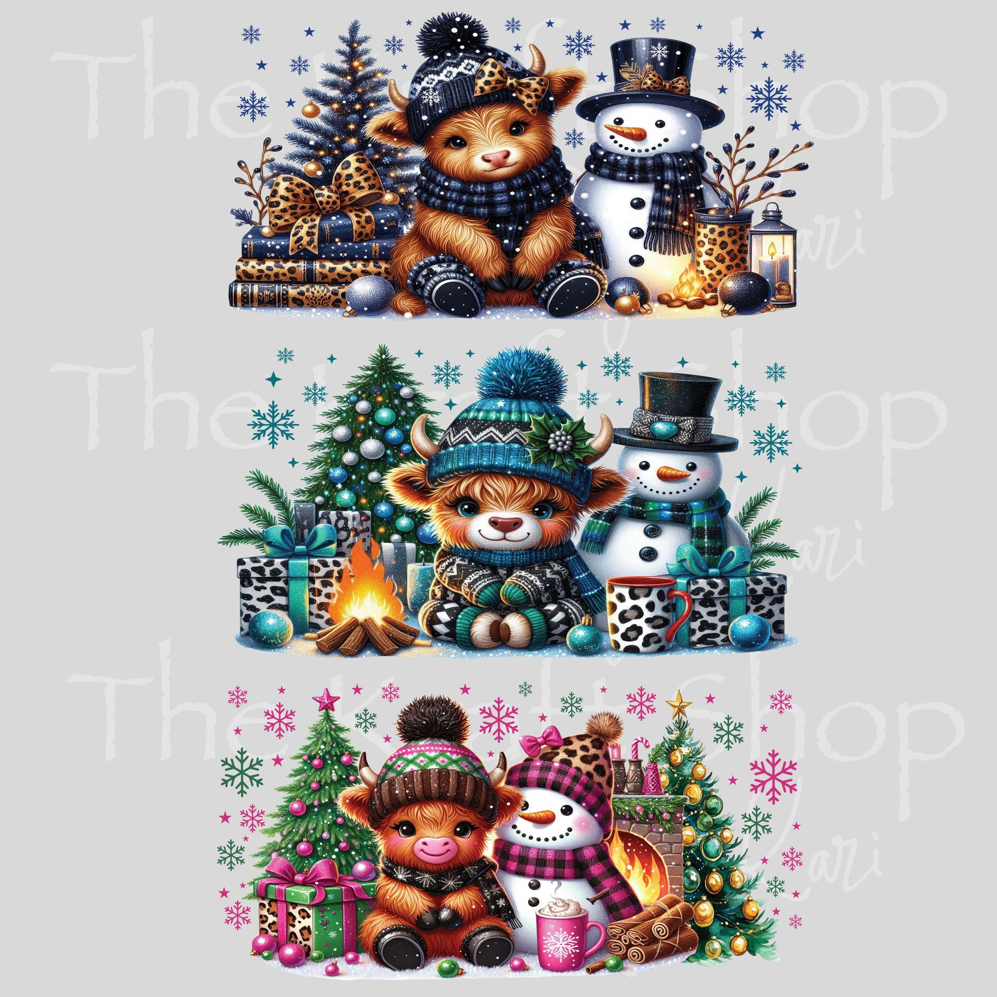 UV DTF Sticker print. Blue tan leopard Cow Christmas 3pk Wrap decal Glass can wrap. #7570