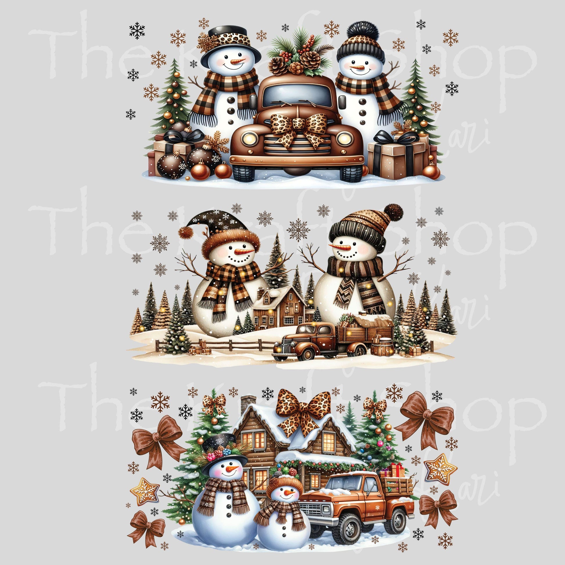 UV DTF Sticker print. Gold brown snowman truck Christmas 3pk Wrap decal Glass can wrap. #7571