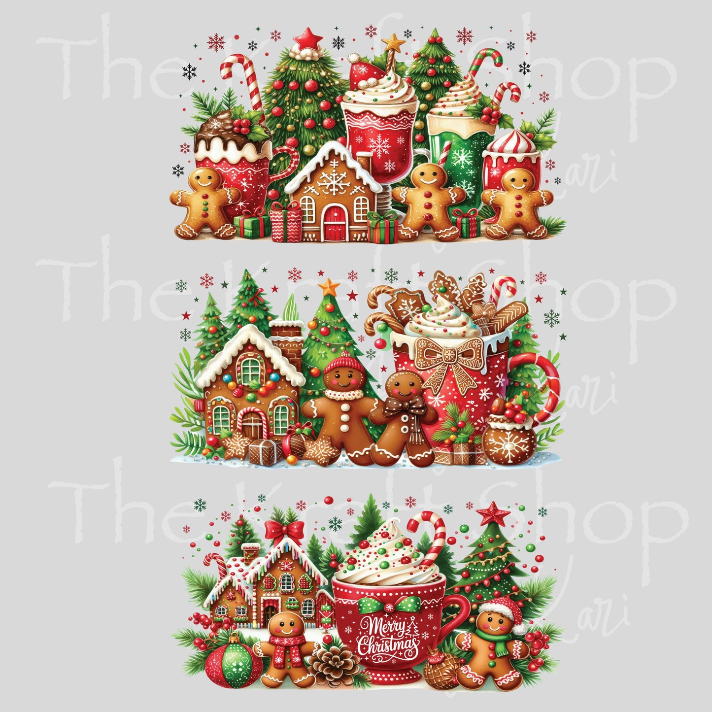 UV DTF Sticker print. Red green drinks gingerbread Christmas 3pk Wrap decal Glass can wrap. #7572