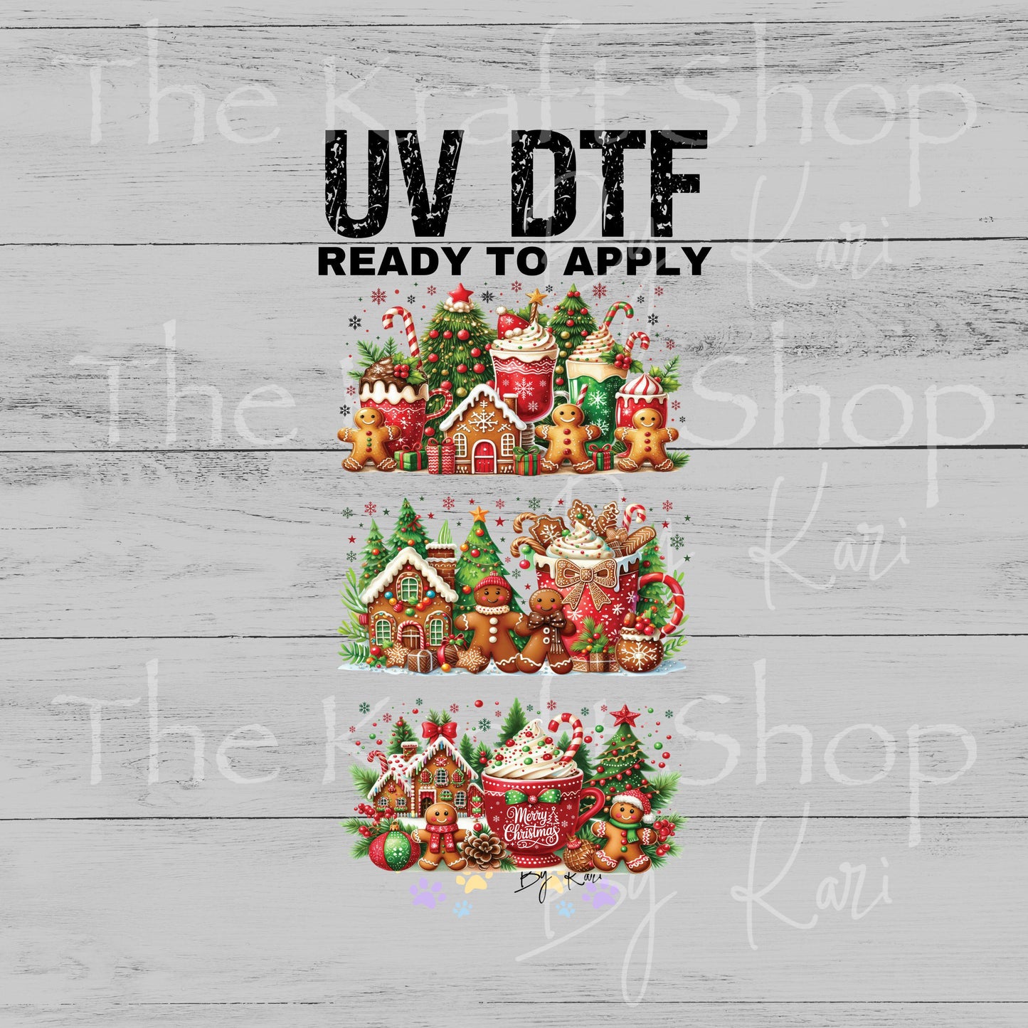UV DTF Sticker print. Red green drinks gingerbread Christmas 3pk Wrap decal Glass can wrap. #7572
