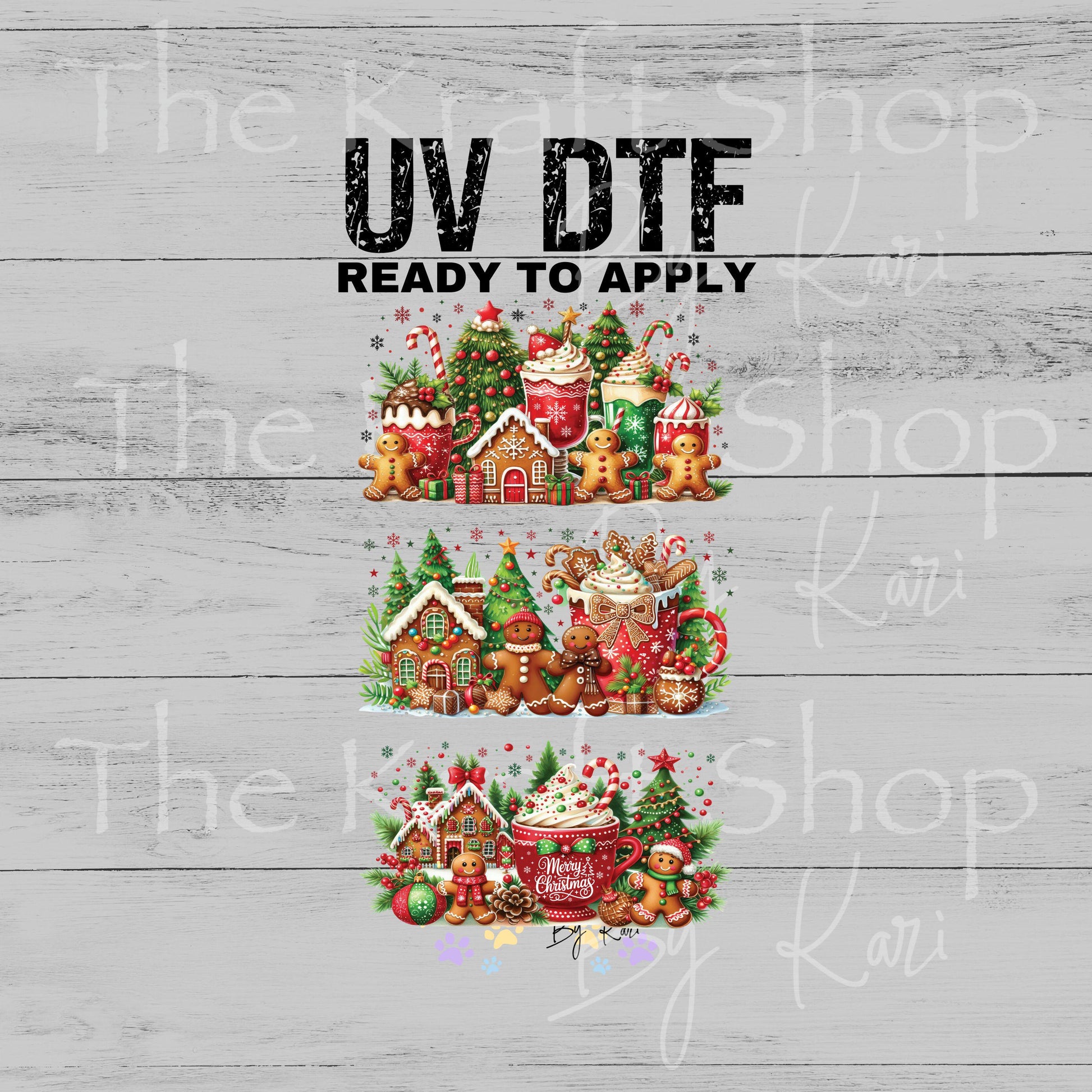 UV DTF Sticker print. Red green drinks gingerbread Christmas 3pk Wrap decal Glass can wrap. #7572