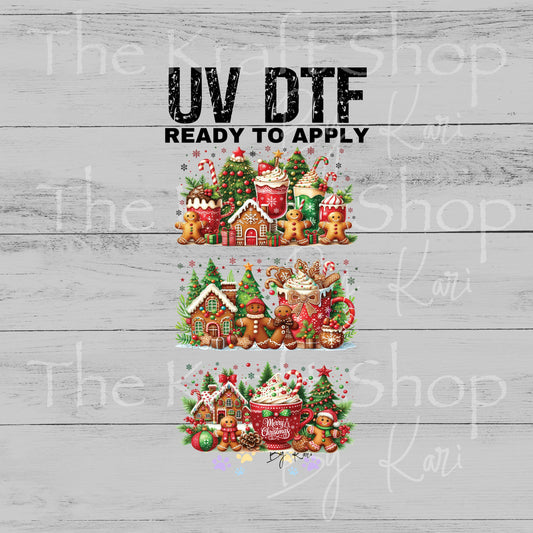 UV DTF Sticker print. Red green drinks gingerbread Christmas 3pk Wrap decal Glass can wrap. #7572
