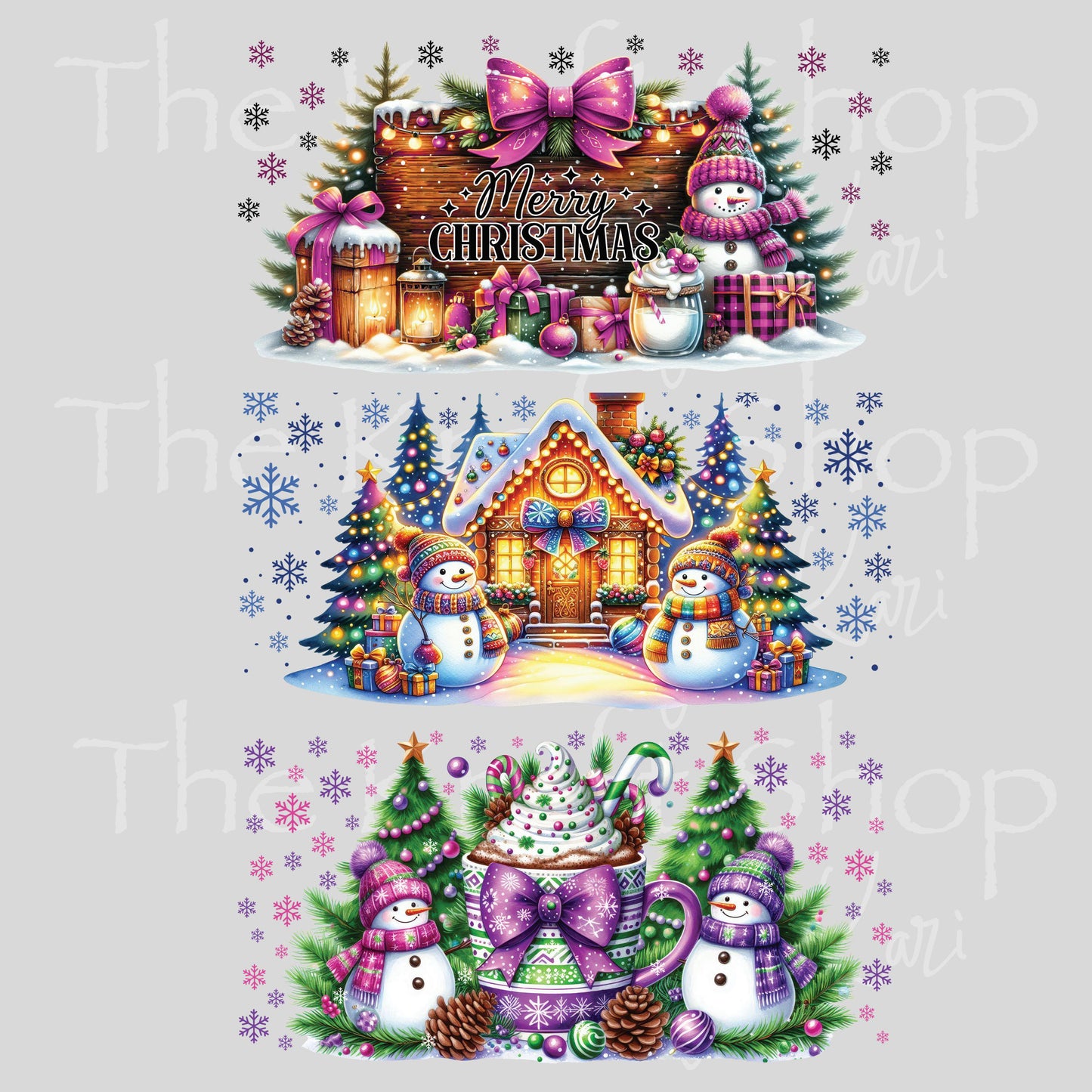 UV DTF Sticker print. Pink purple gingerbread Christmas 3pk Wrap decal Glass can wrap. #7572
