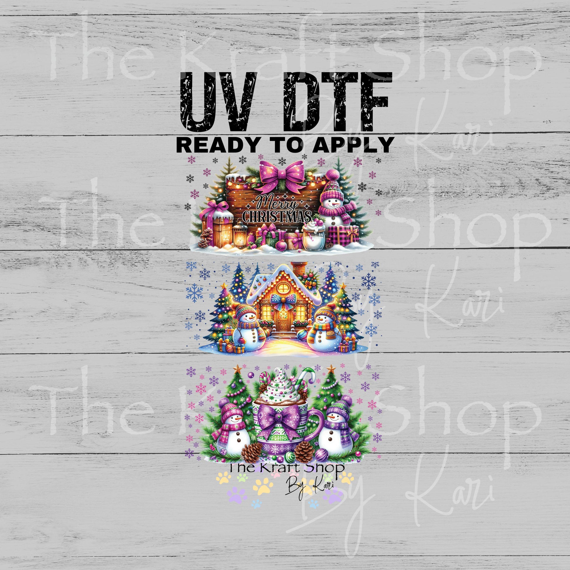 UV DTF Sticker print. Pink purple gingerbread Christmas 3pk Wrap decal Glass can wrap. #7572