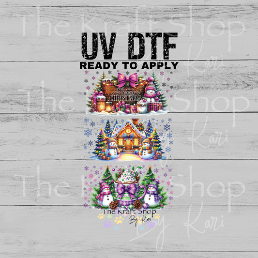UV DTF Sticker print. Pink purple gingerbread Christmas 3pk Wrap decal Glass can wrap. #7572