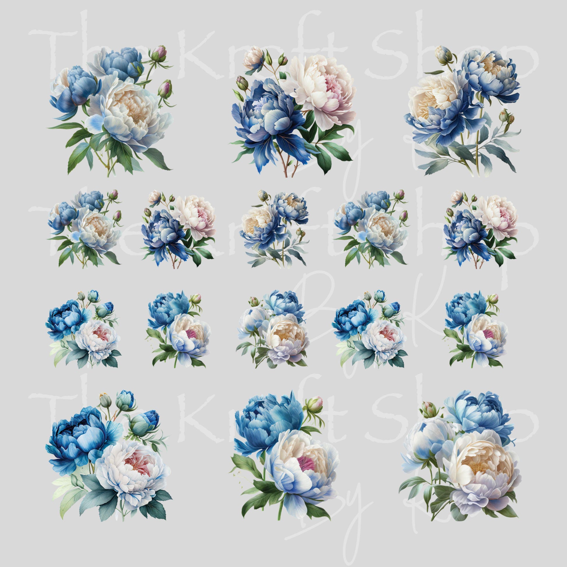 UV DTF Sticker print Blue Peony Element sheet Mixed Media decal #10364