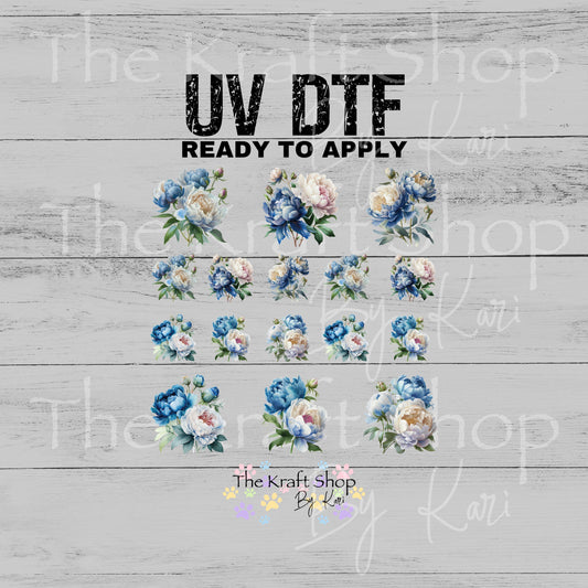 UV DTF Sticker print Blue Peony Element sheet Mixed Media decal #10364