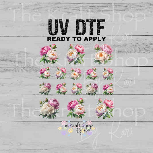 UV DTF Sticker print Pink Peony Element sheet Mixed Media decal #10366